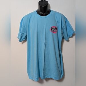 Mens Obey Mind Control Graphic T Shirt Short Sleeve Crew Neck Light Blue Size XL